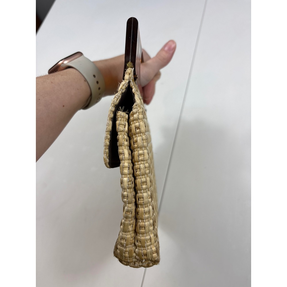 Vintage Woven Straw Handbag Tortoiseshell Acrylic Handle Crossbody Clutch Tan - Picture 6 of 8